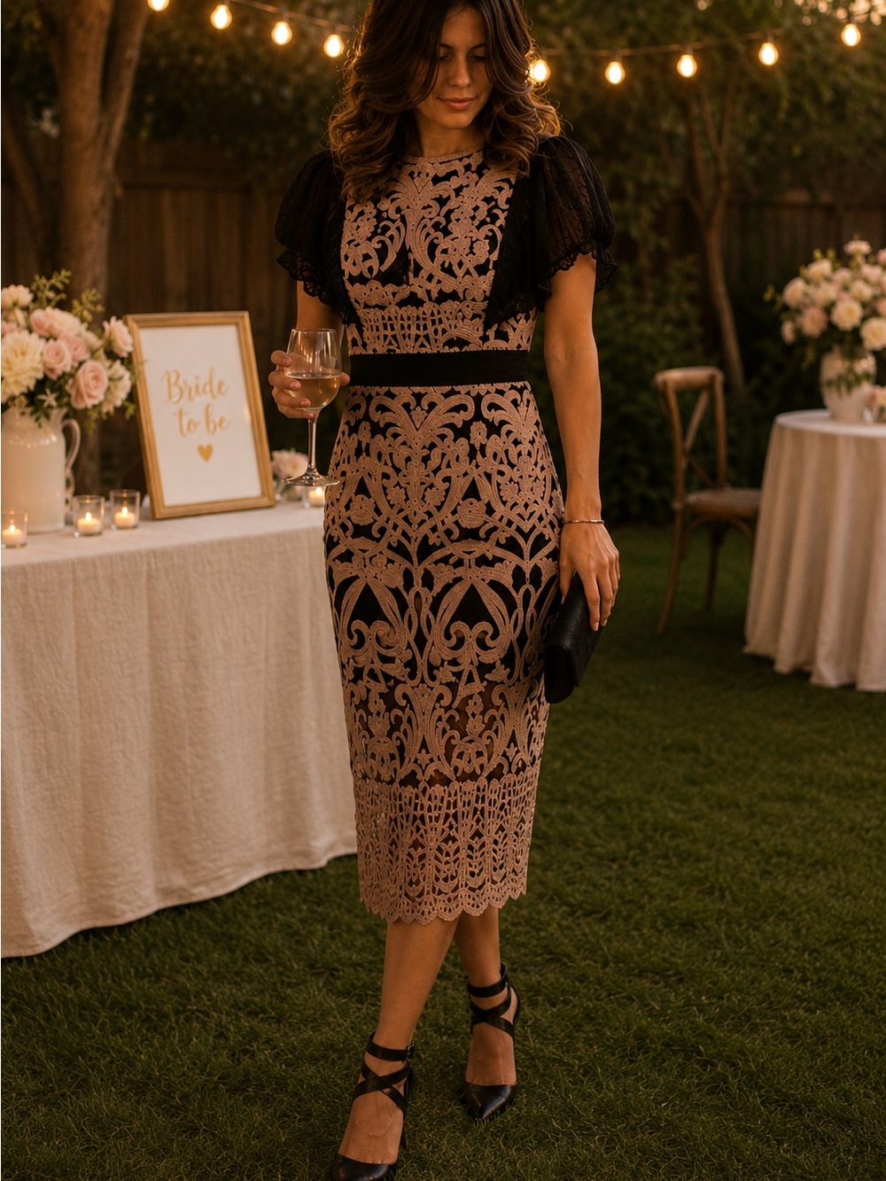 foxiedox Black & Blush Embroidered Midi Dress